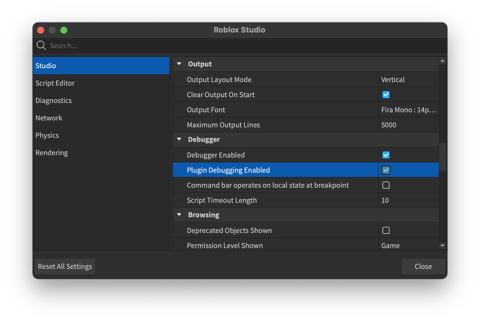 Screenshot of the Studio settings showing the Plugin Debugging Enabled option